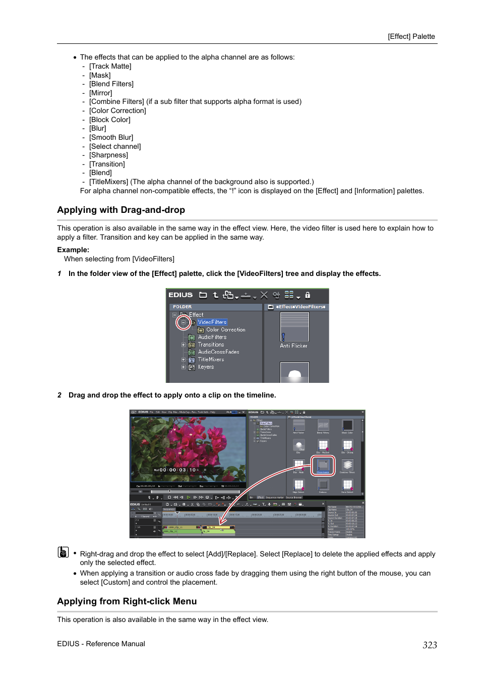 Applying with drag-and-drop, Applying from right-click menu | Grass Valley EDIUS Pro v.6.5 User Manual | Page 345 / 530
