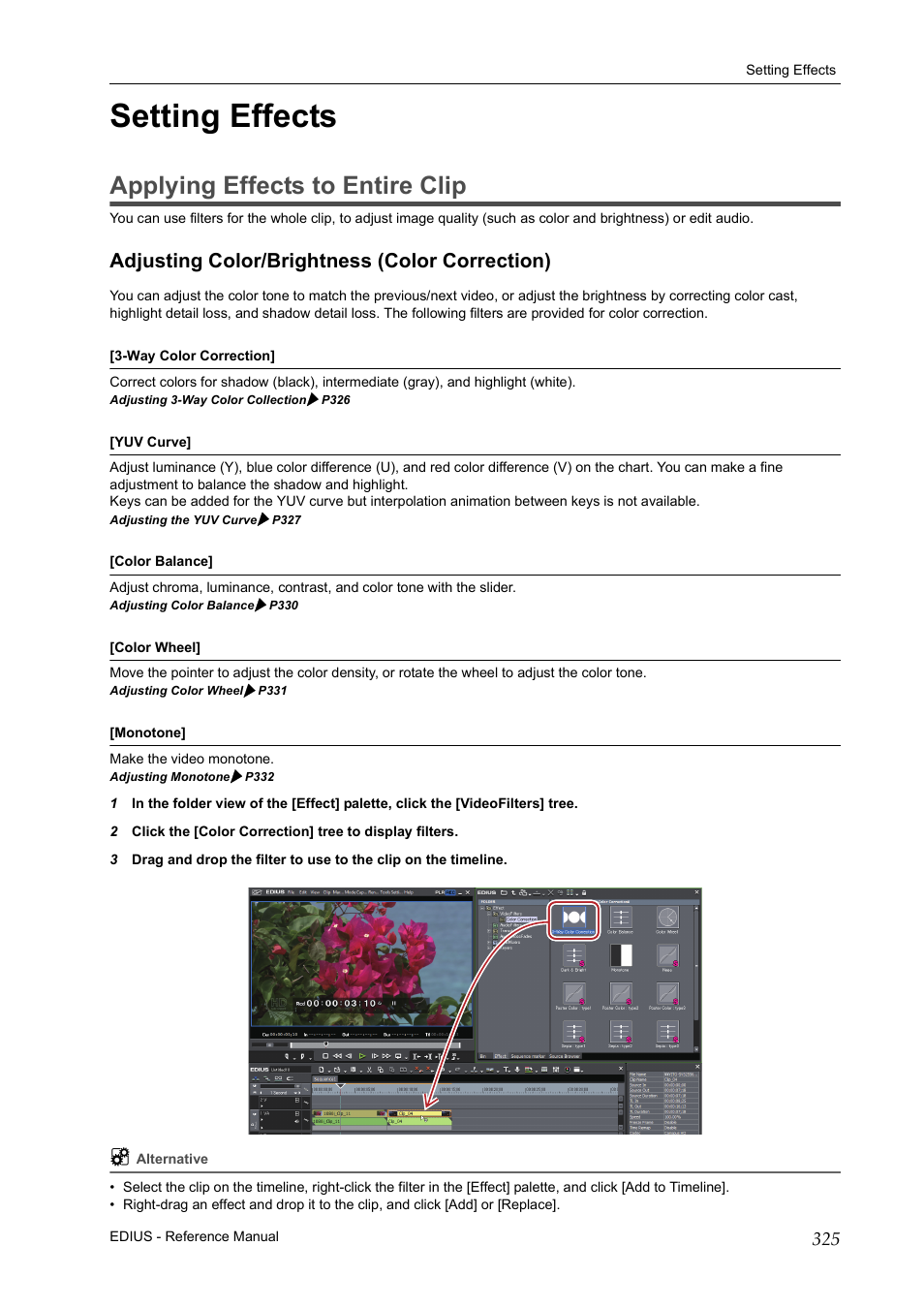 Setting effects, Applying effects to entire clip, Adjusting color/brightness (color correction) | P325 | Grass Valley EDIUS Pro v.6.5 User Manual | Page 347 / 530