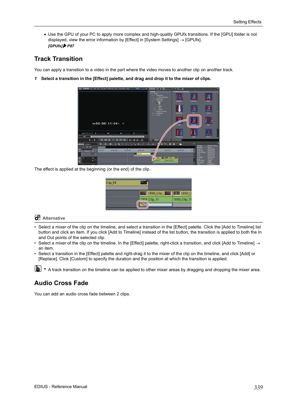 Track transition, Audio cross fade, Track transition audio cross fade | P339 | Grass Valley EDIUS Pro v.6.5 User Manual | Page 361 / 530