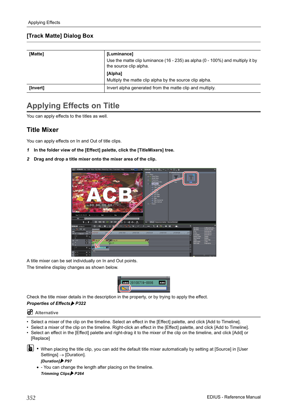 Track matte] dialog box, Applying effects on title, Title mixer | P352 | Grass Valley EDIUS Pro v.6.5 User Manual | Page 374 / 530