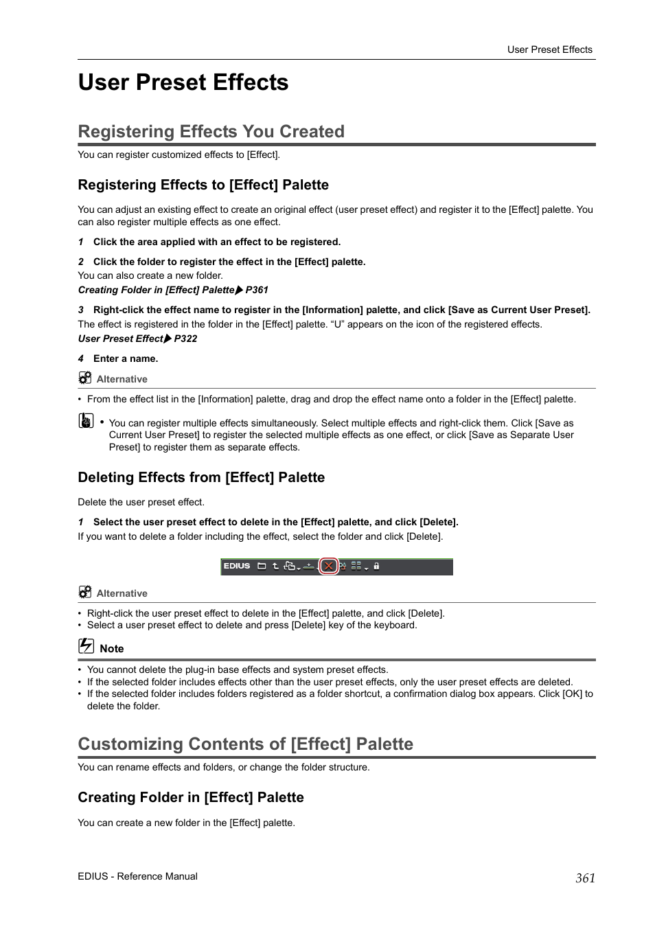 User preset effects, Registering effects you created, Registering effects to [effect] palette | Deleting effects from [effect] palette, Customizing contents of [effect] palette, Creating folder in [effect] palette, P361 | Grass Valley EDIUS Pro v.6.5 User Manual | Page 383 / 530