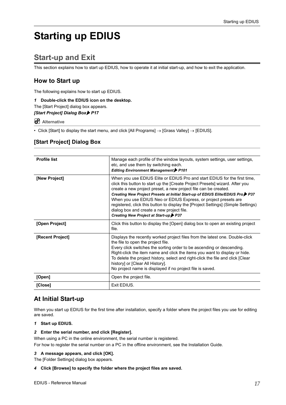 Starting up edius, Start-up and exit, How to start up | Start project] dialog box, At initial start-up, How to start up at initial start-up | Grass Valley EDIUS Pro v.6.5 User Manual | Page 39 / 530