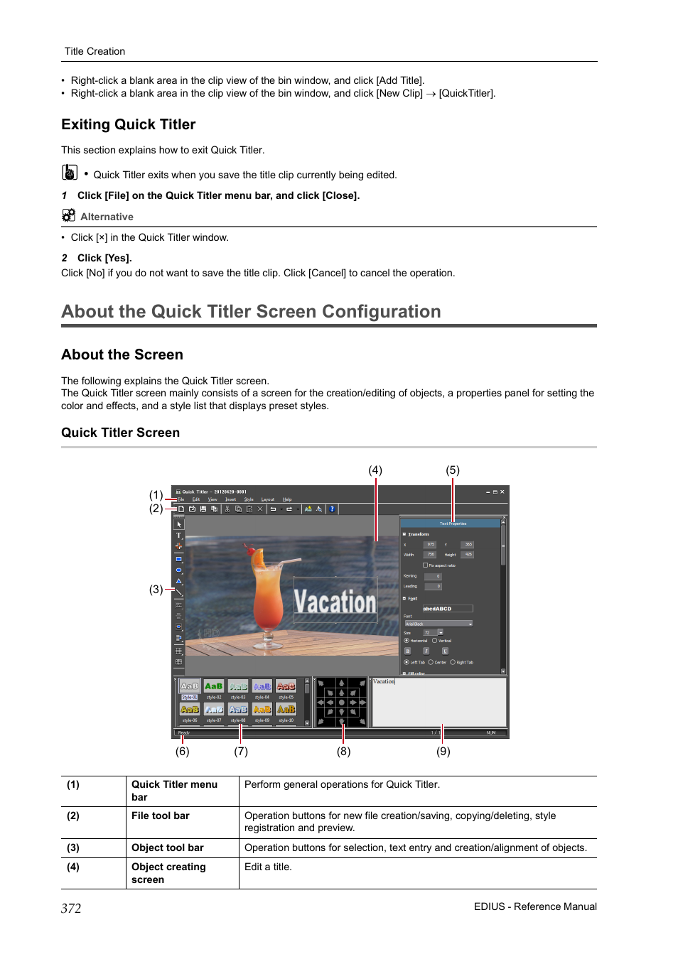 Exiting quick titler, About the quick titler screen configuration, About the screen | Quick titler screen, Abou, About the quick titler screen, Configuration, P372 | Grass Valley EDIUS Pro v.6.5 User Manual | Page 394 / 530