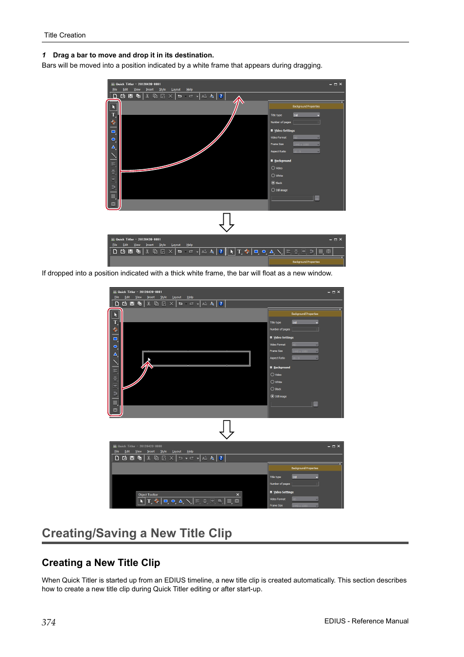 Creating/saving a new title clip, Creating a new title clip | Grass Valley EDIUS Pro v.6.5 User Manual | Page 396 / 530