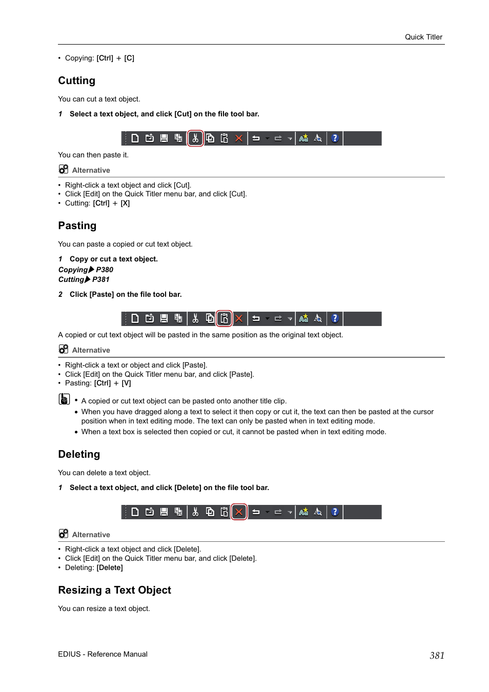 Cutting, Pasting, Deleting | Resizing a text object, Cutting pasting deleting resizing a text object | Grass Valley EDIUS Pro v.6.5 User Manual | Page 403 / 530