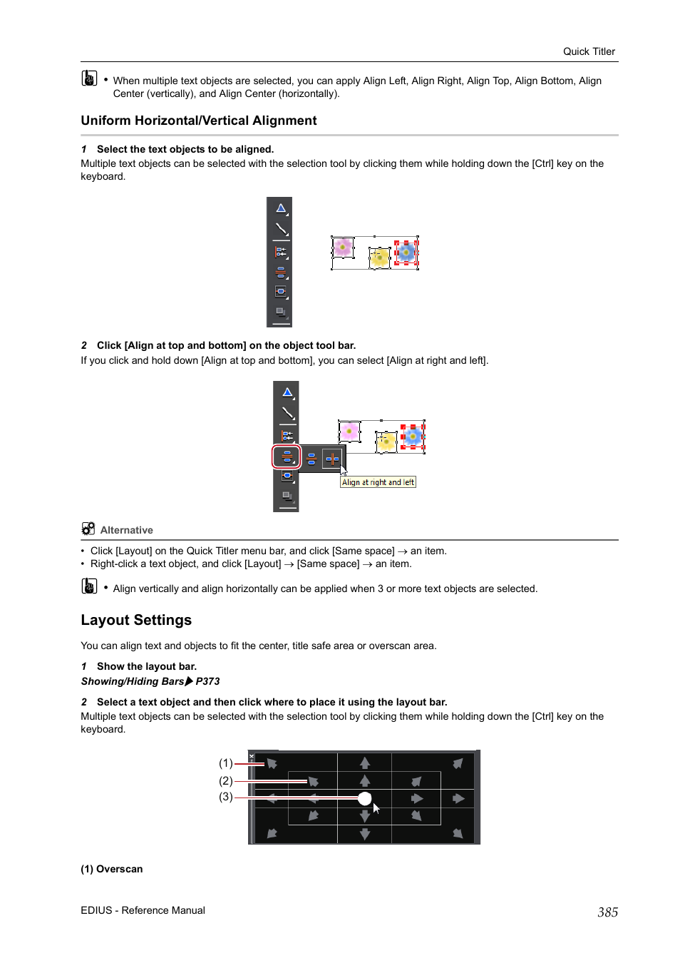 Uniform horizontal/vertical alignment, Layout settings, P385 | Grass Valley EDIUS Pro v.6.5 User Manual | Page 407 / 530