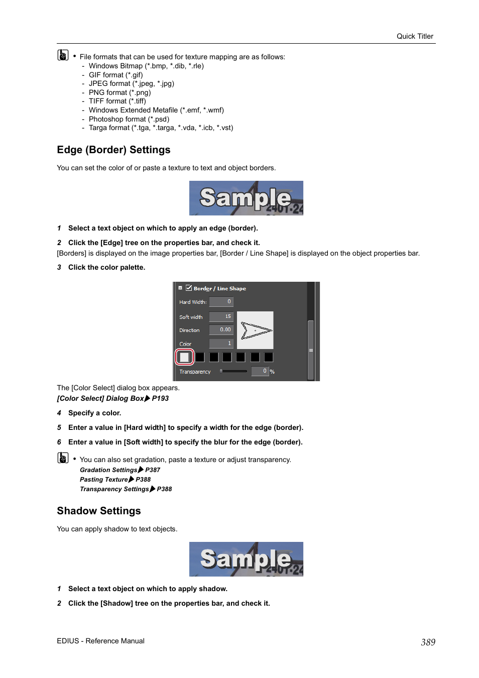 Edge (border) settings, Shadow settings, Edge (border) settings shadow settings | Grass Valley EDIUS Pro v.6.5 User Manual | Page 411 / 530