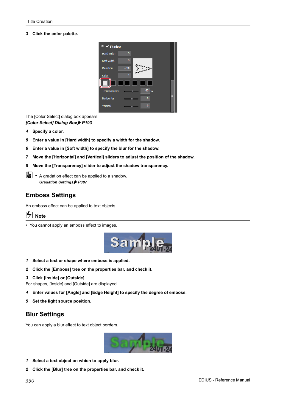 Emboss settings, Blur settings, Emboss settings blur settings | Grass Valley EDIUS Pro v.6.5 User Manual | Page 412 / 530