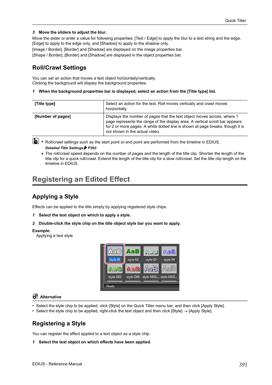 Roll/crawl settings, Registering an edited effect, Applying a style | Registering a style, Applying a style registering a style | Grass Valley EDIUS Pro v.6.5 User Manual | Page 413 / 530