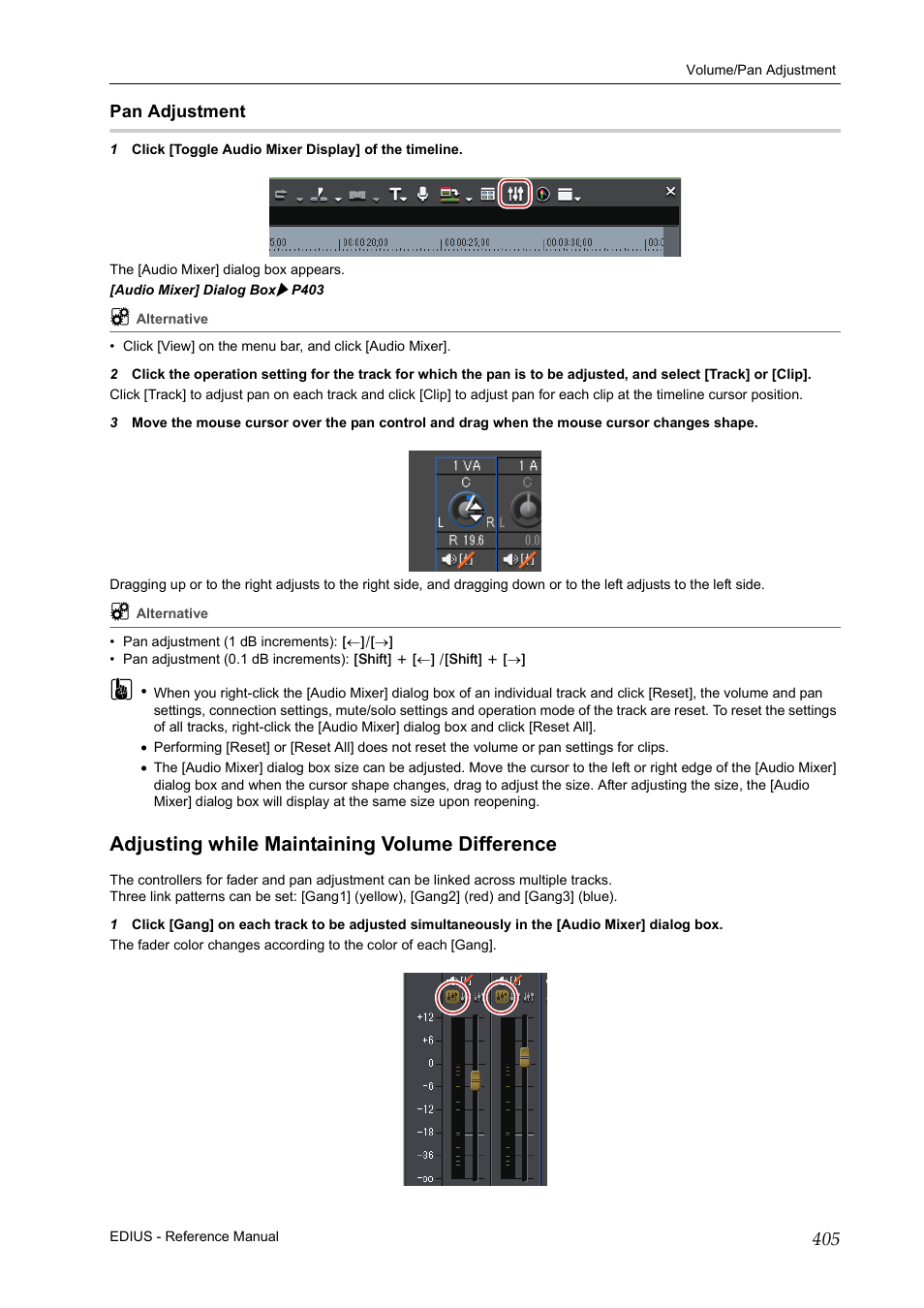 Pan adjustment, Adjusting while maintaining volume difference, P405 | Grass Valley EDIUS Pro v.6.5 User Manual | Page 427 / 530