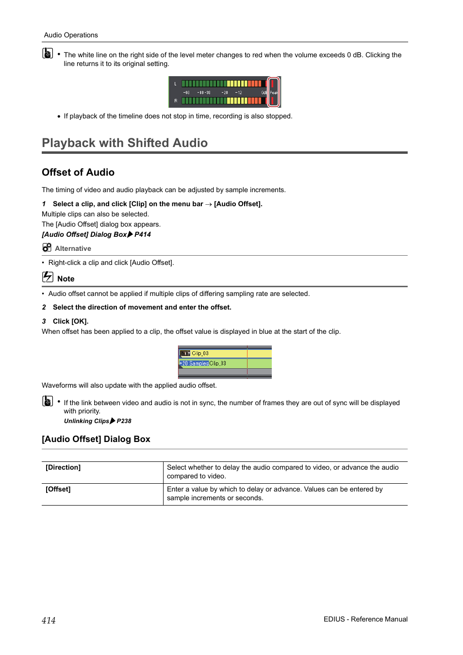 Playback with shifted audio, Offset of audio, Audio offset] dialog box | Play | Grass Valley EDIUS Pro v.6.5 User Manual | Page 436 / 530