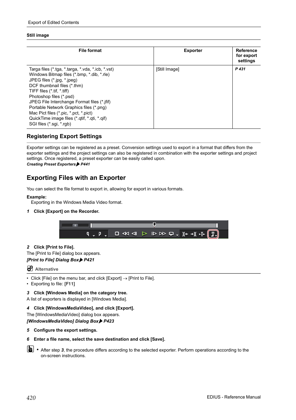 Registering export settings, Exporting files with an exporter, P420 | P 420 | Grass Valley EDIUS Pro v.6.5 User Manual | Page 442 / 530