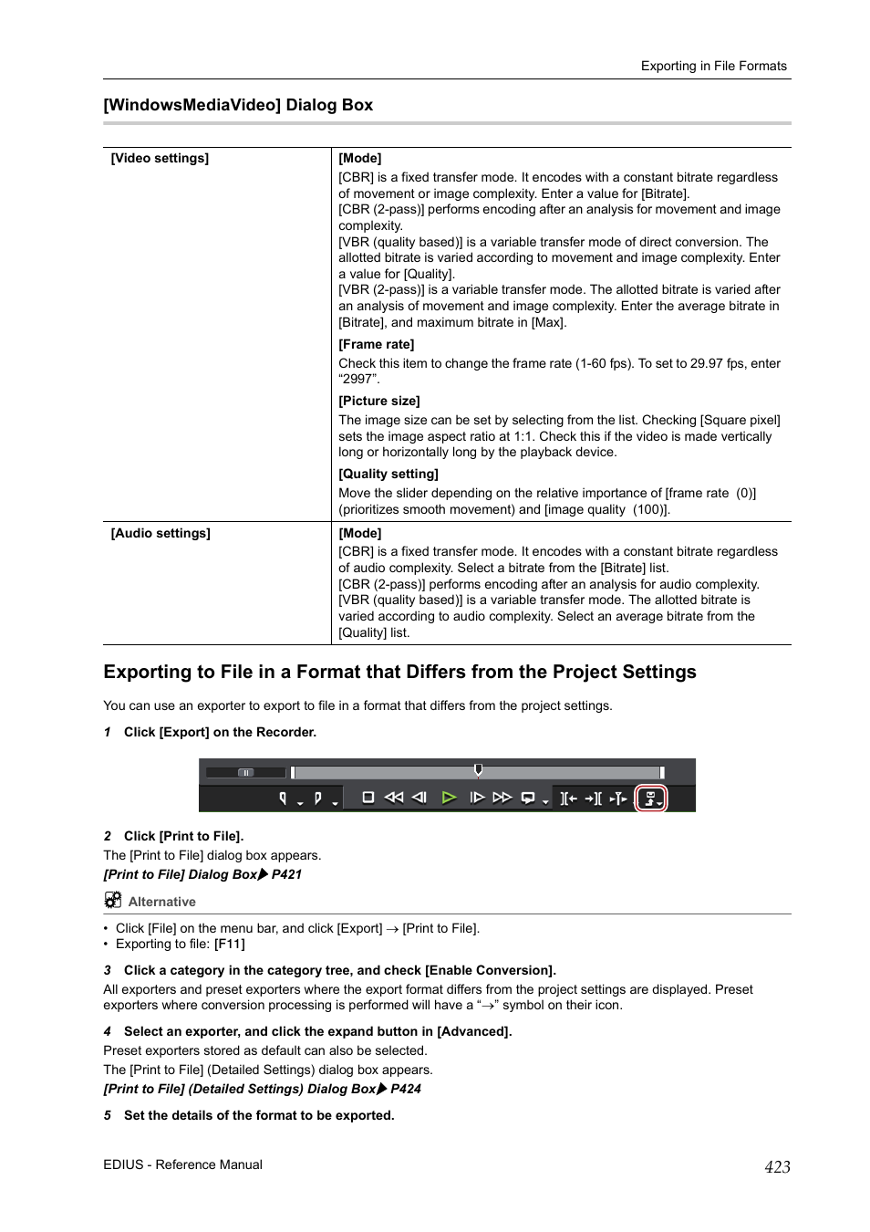 Windowsmediavideo] dialog box, P423 | Grass Valley EDIUS Pro v.6.5 User Manual | Page 445 / 530