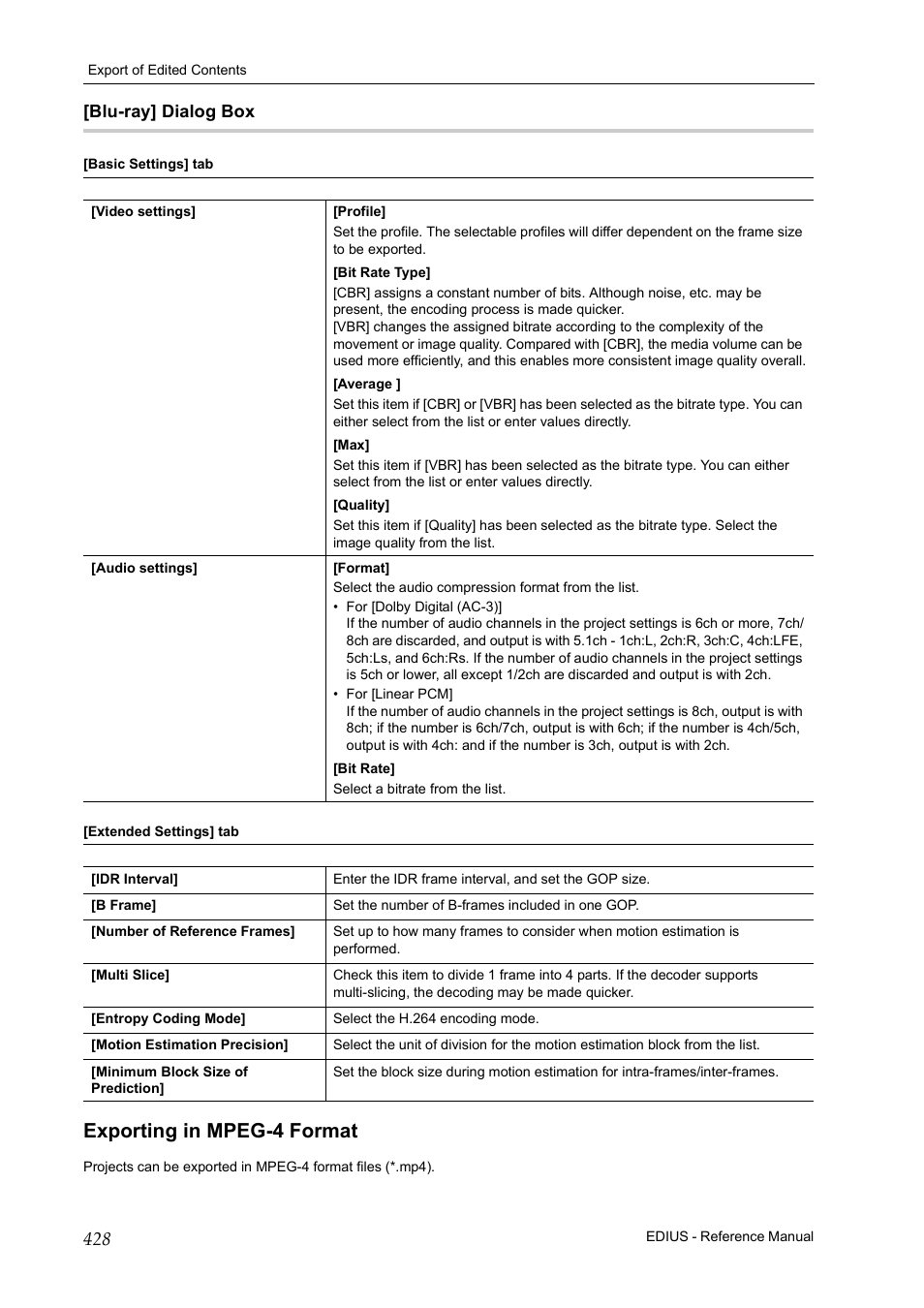 Blu-ray] dialog box, Exporting in mpeg-4 format, P 428 | P428 | Grass Valley EDIUS Pro v.6.5 User Manual | Page 450 / 530