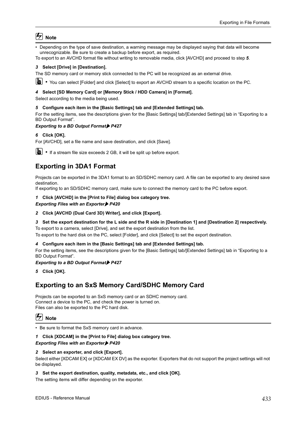 Exporting in 3da1 format, Exporting to an sxs memory card/sdhc memory card, P 433 | Grass Valley EDIUS Pro v.6.5 User Manual | Page 455 / 530