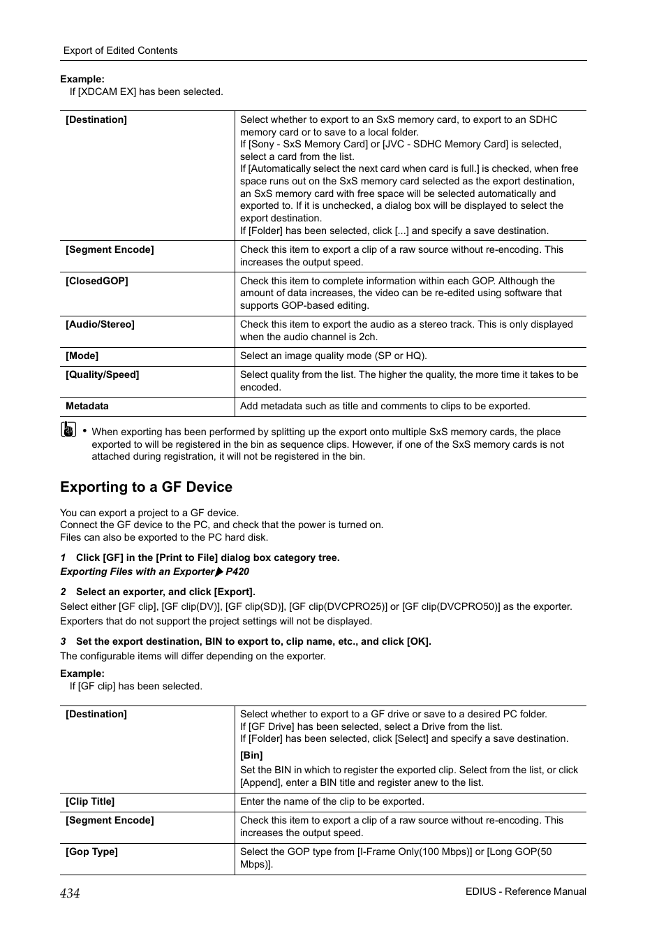 Exporting to a gf device, P 434 | Grass Valley EDIUS Pro v.6.5 User Manual | Page 456 / 530