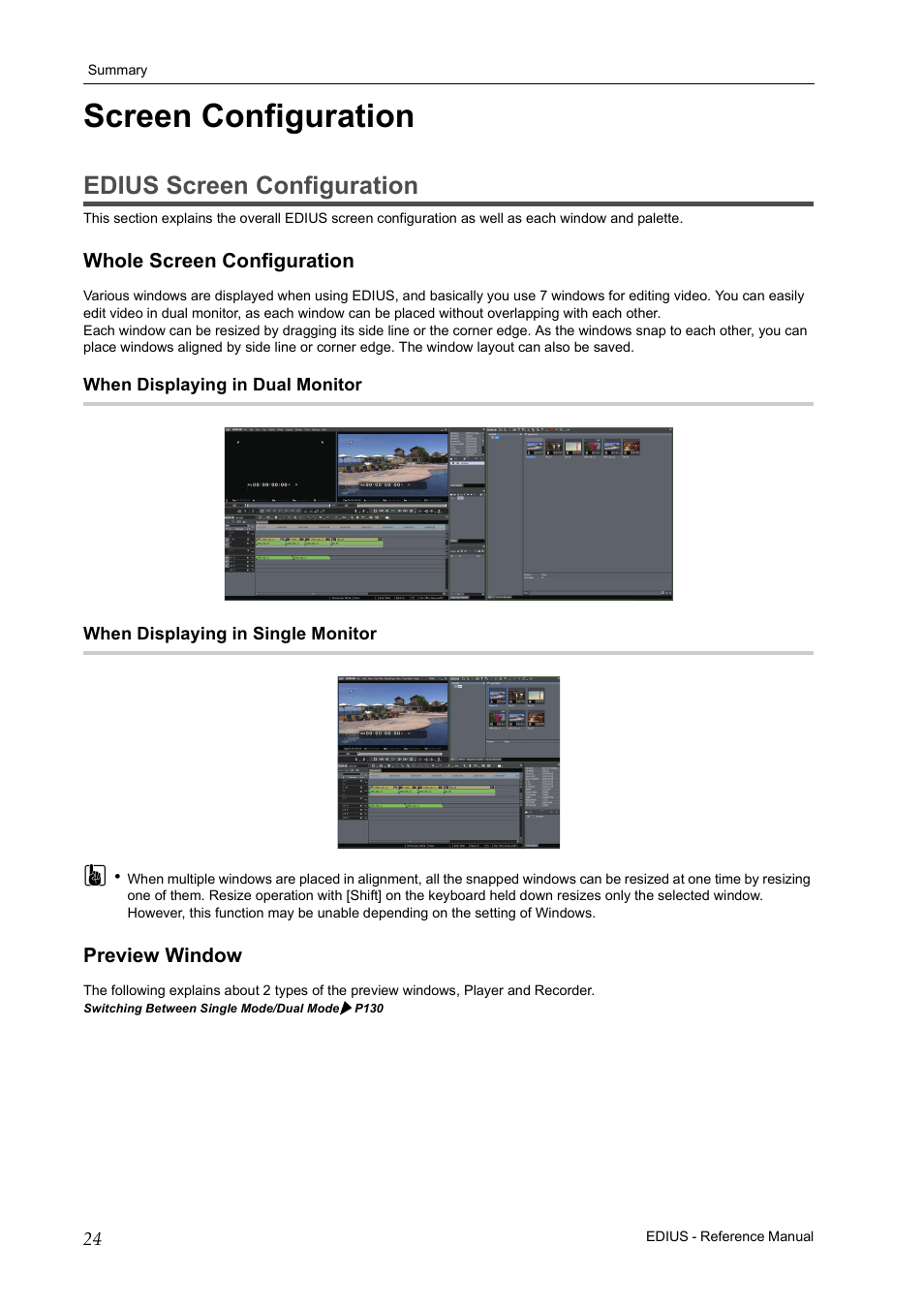 Screen configuration, Edius screen configuration, Whole screen configuration | When displaying in dual monitor, When displaying in single monitor, Preview window, Edius scr, Whole screen configuration preview window | Grass Valley EDIUS Pro v.6.5 User Manual | Page 46 / 530