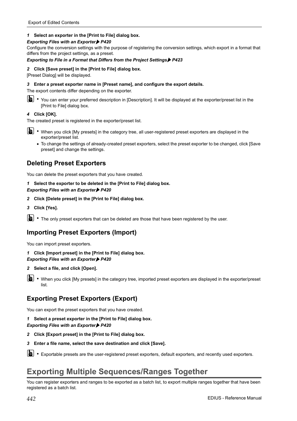 Deleting preset exporters, Importing preset exporters (import), Exporting preset exporters (export) | Exporting multiple sequences/ranges together, Exporting multiple sequences/ranges, Together, P442 | Grass Valley EDIUS Pro v.6.5 User Manual | Page 464 / 530