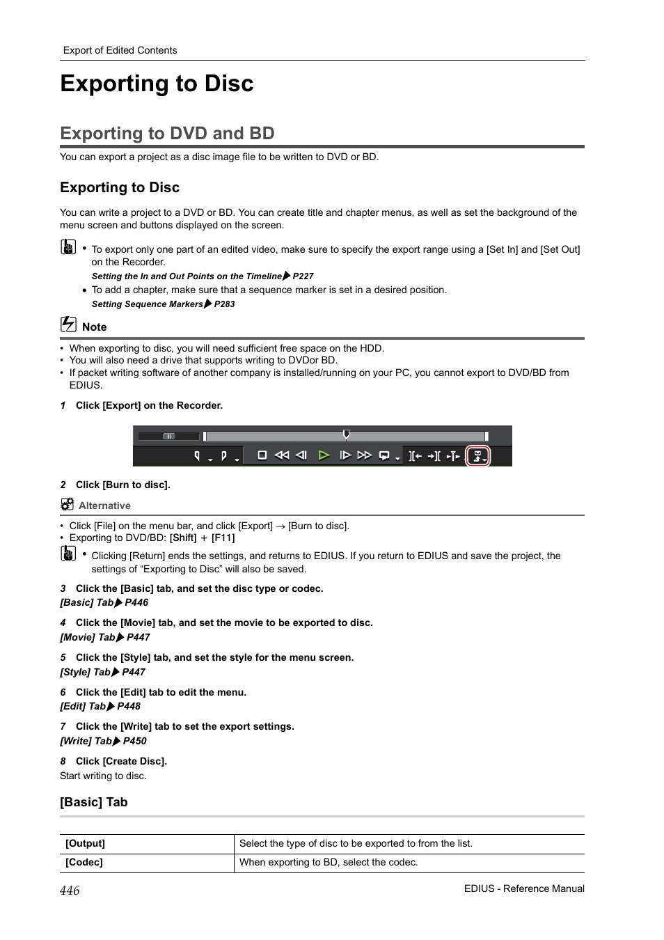 Exporting to disc, Exporting to dvd and bd, Basic] tab | P446 | Grass Valley EDIUS Pro v.6.5 User Manual | Page 468 / 530