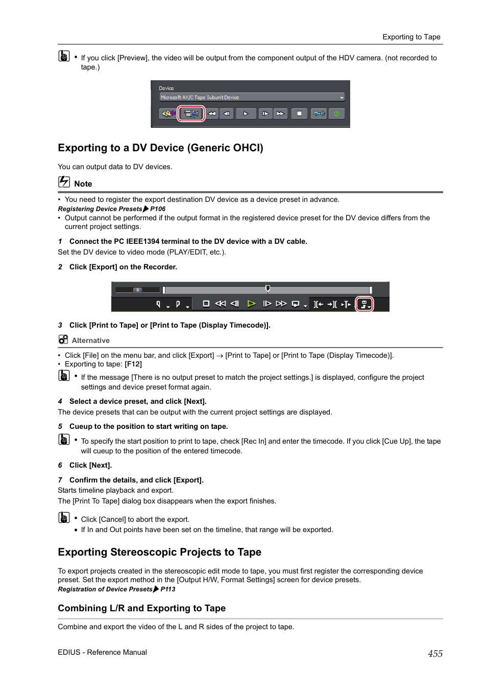 Exporting to a dv device (generic ohci), Exporting stereoscopic projects to tape, Combining l/r and exporting to tape | Exporting stereoscopic projects to, Tape, P455 | Grass Valley EDIUS Pro v.6.5 User Manual | Page 477 / 530