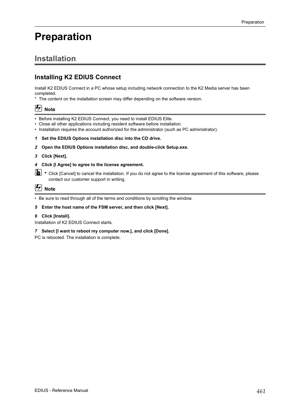 Preparation, Installation, Installing k2 edius connect | Grass Valley EDIUS Pro v.6.5 User Manual | Page 483 / 530