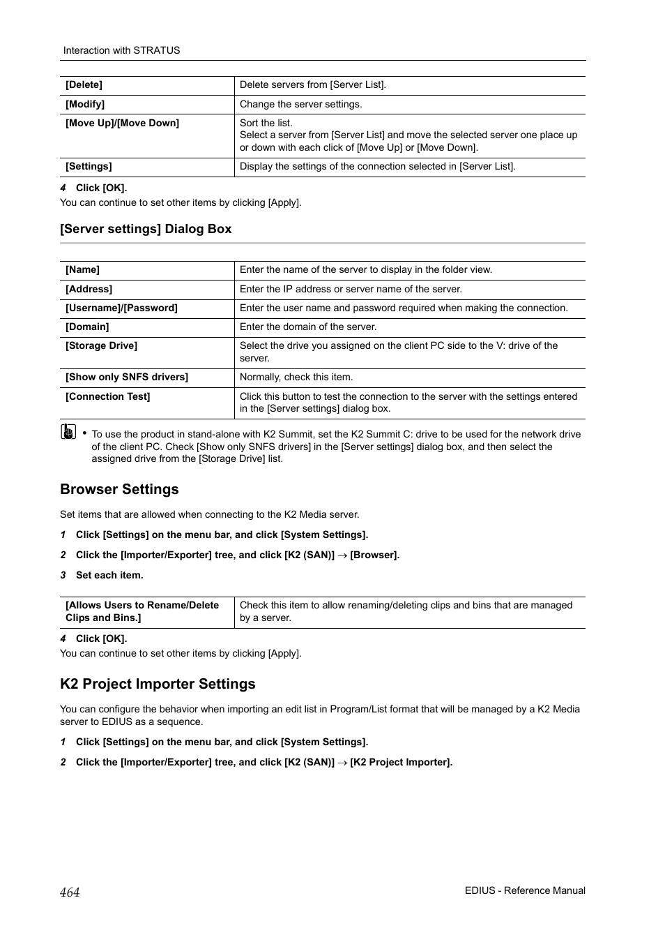 Server settings] dialog box, Browser settings, K2 project importer settings | Browser settings k2 project importer settings, P464 | Grass Valley EDIUS Pro v.6.5 User Manual | Page 486 / 530
