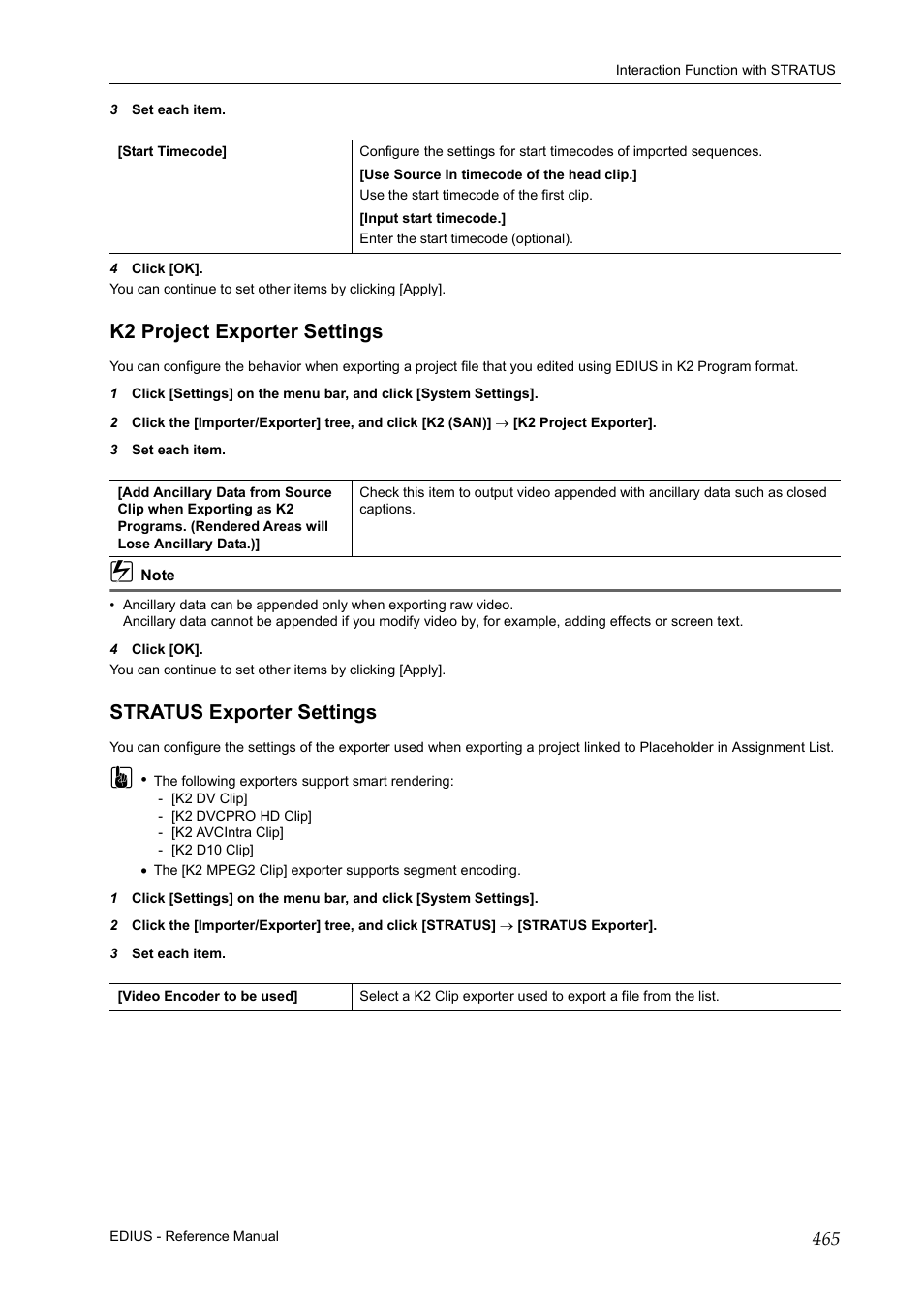 K2 project exporter settings, Stratus exporter settings, P465 | Grass Valley EDIUS Pro v.6.5 User Manual | Page 487 / 530