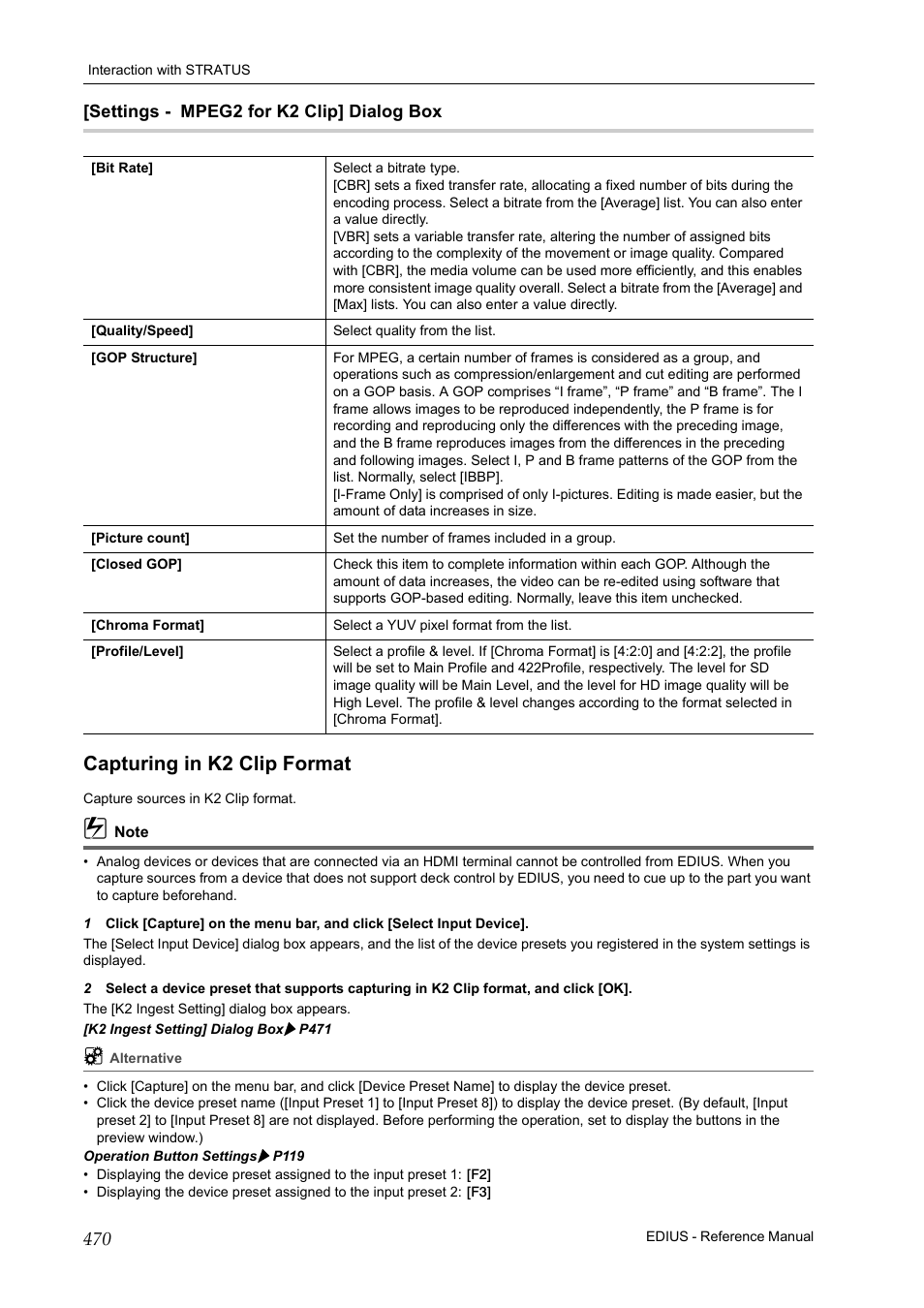 Settings - mpeg2 for k2 clip] dialog box, Capturing in k2 clip format, P470 | Grass Valley EDIUS Pro v.6.5 User Manual | Page 492 / 530