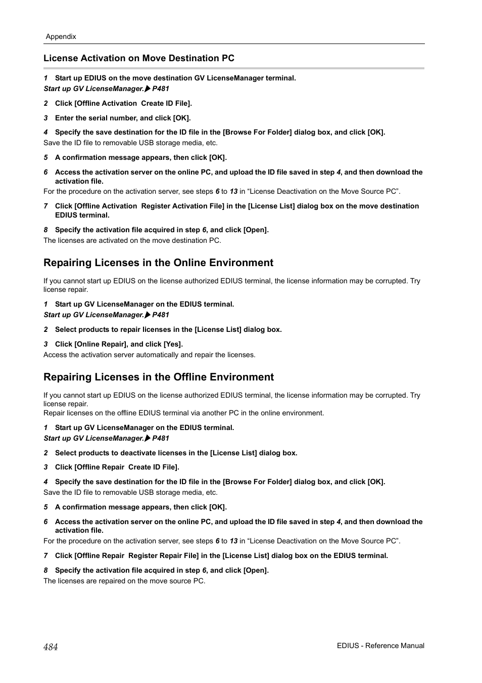 License activation on move destination pc, Repairing licenses in the online environment, Repairing licenses in the offline environment | P484 | Grass Valley EDIUS Pro v.6.5 User Manual | Page 506 / 530