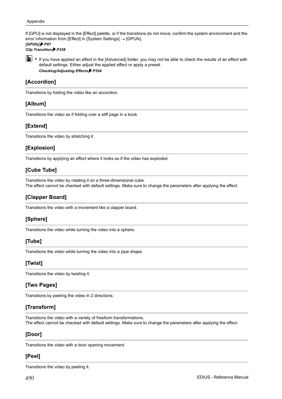 Accordion, Album, Extend | Explosion, Cube tube, Clapper board, Sphere, Tube, Twist, Transform | Grass Valley EDIUS Pro v.6.5 User Manual | Page 512 / 530