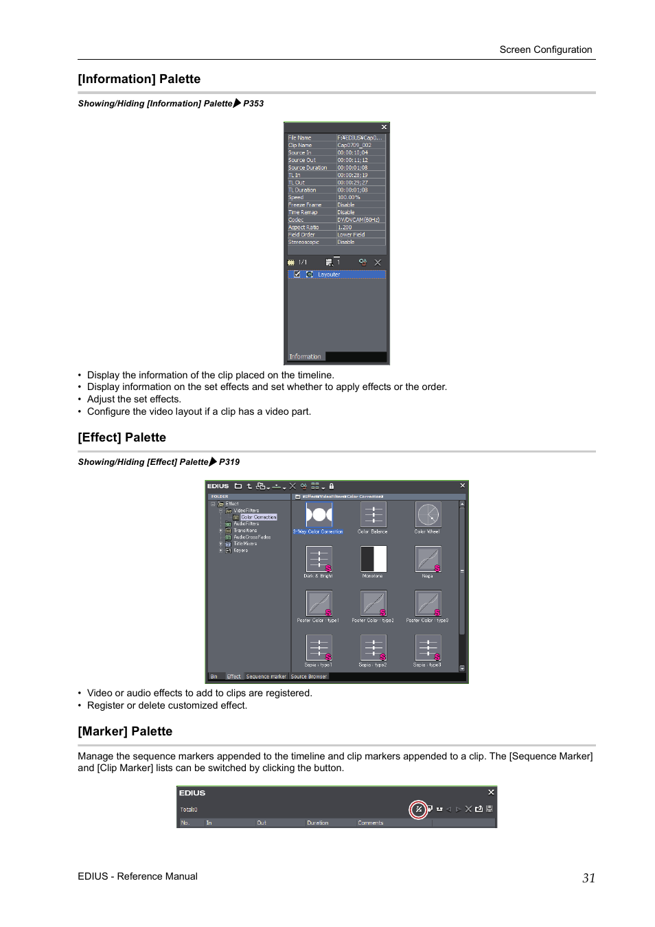 Information] palette, Effect] palette, Marker] palette | Grass Valley EDIUS Pro v.6.5 User Manual | Page 53 / 530