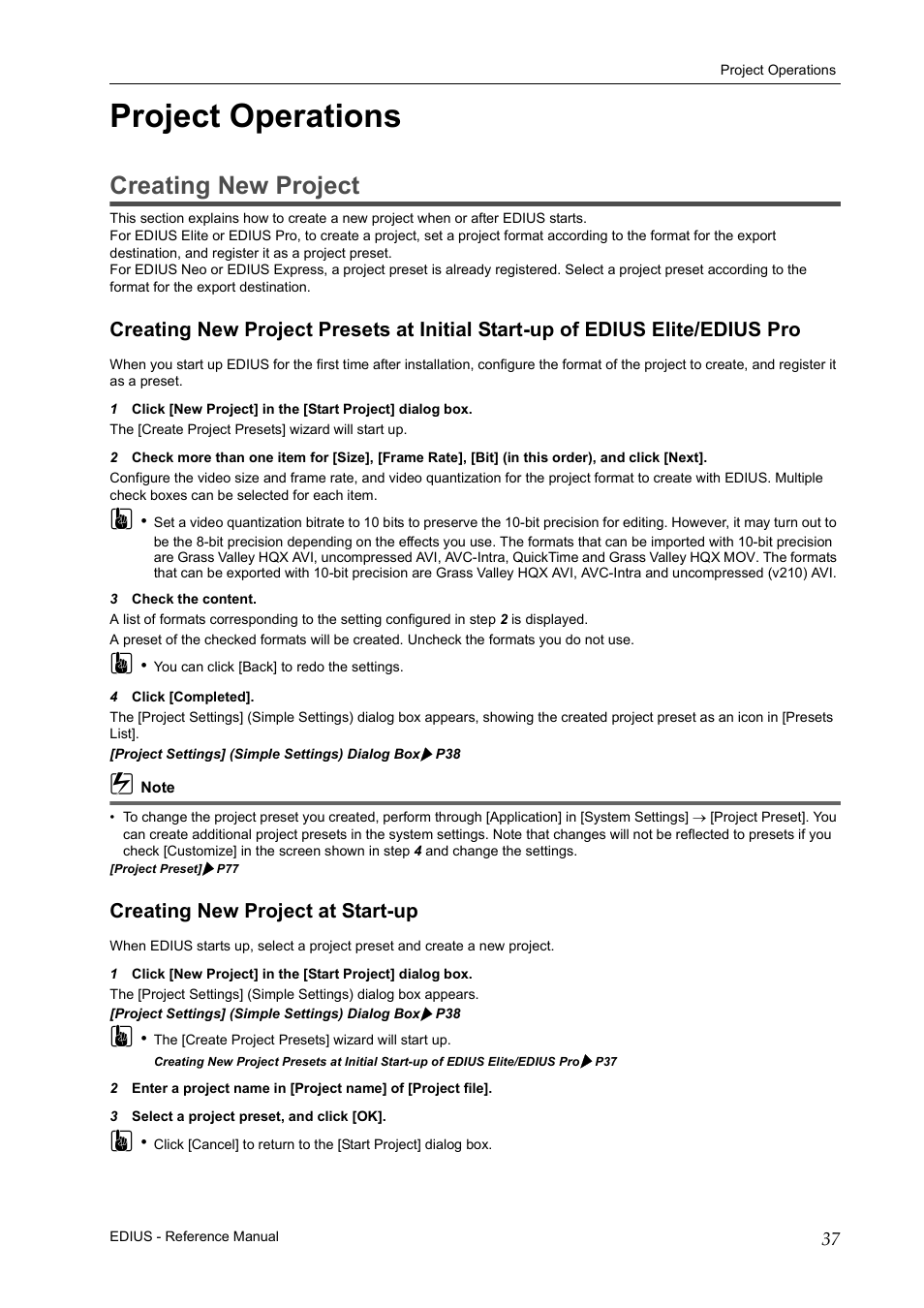 Project operations, Creating new project, Creating new project at start-up | Creating new project presets at initial, Start-up of edius elite/edius pro | Grass Valley EDIUS Pro v.6.5 User Manual | Page 59 / 530