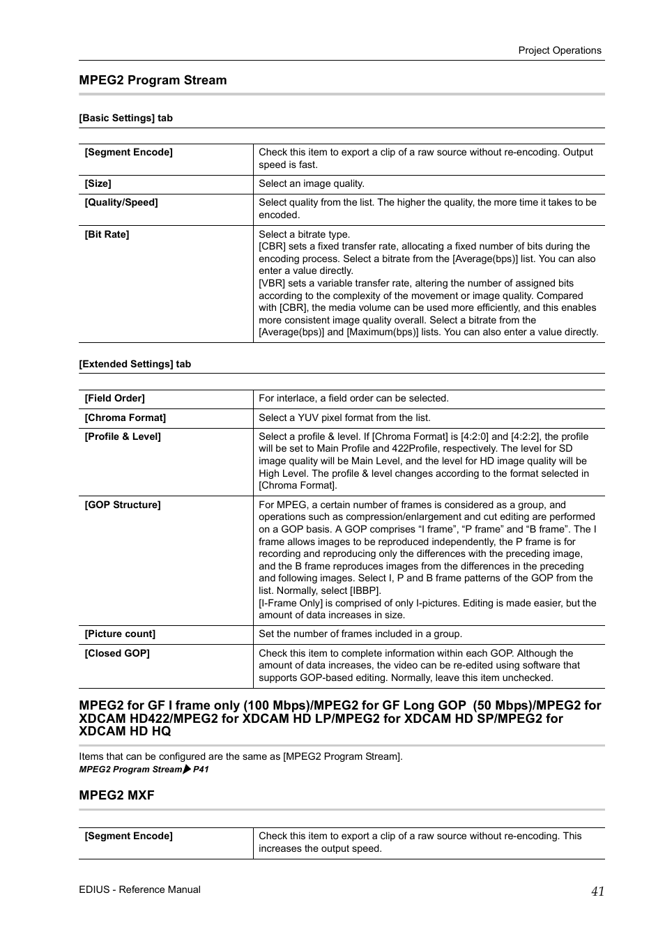 Mpeg2 program stream, Mpeg2 mxf | Grass Valley EDIUS Pro v.6.5 User Manual | Page 63 / 530