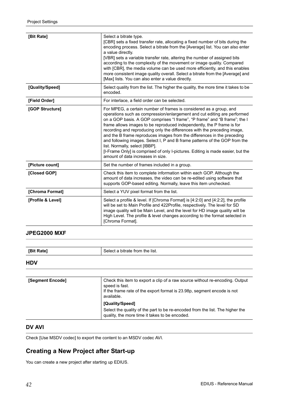 Jpeg2000 mxf, Dv avi, Creating a new project after start-up | Grass Valley EDIUS Pro v.6.5 User Manual | Page 64 / 530