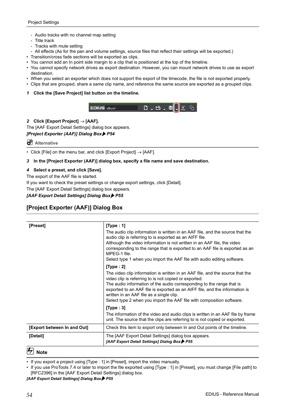 Project exporter (aaf)] dialog box | Grass Valley EDIUS Pro v.6.5 User Manual | Page 76 / 530