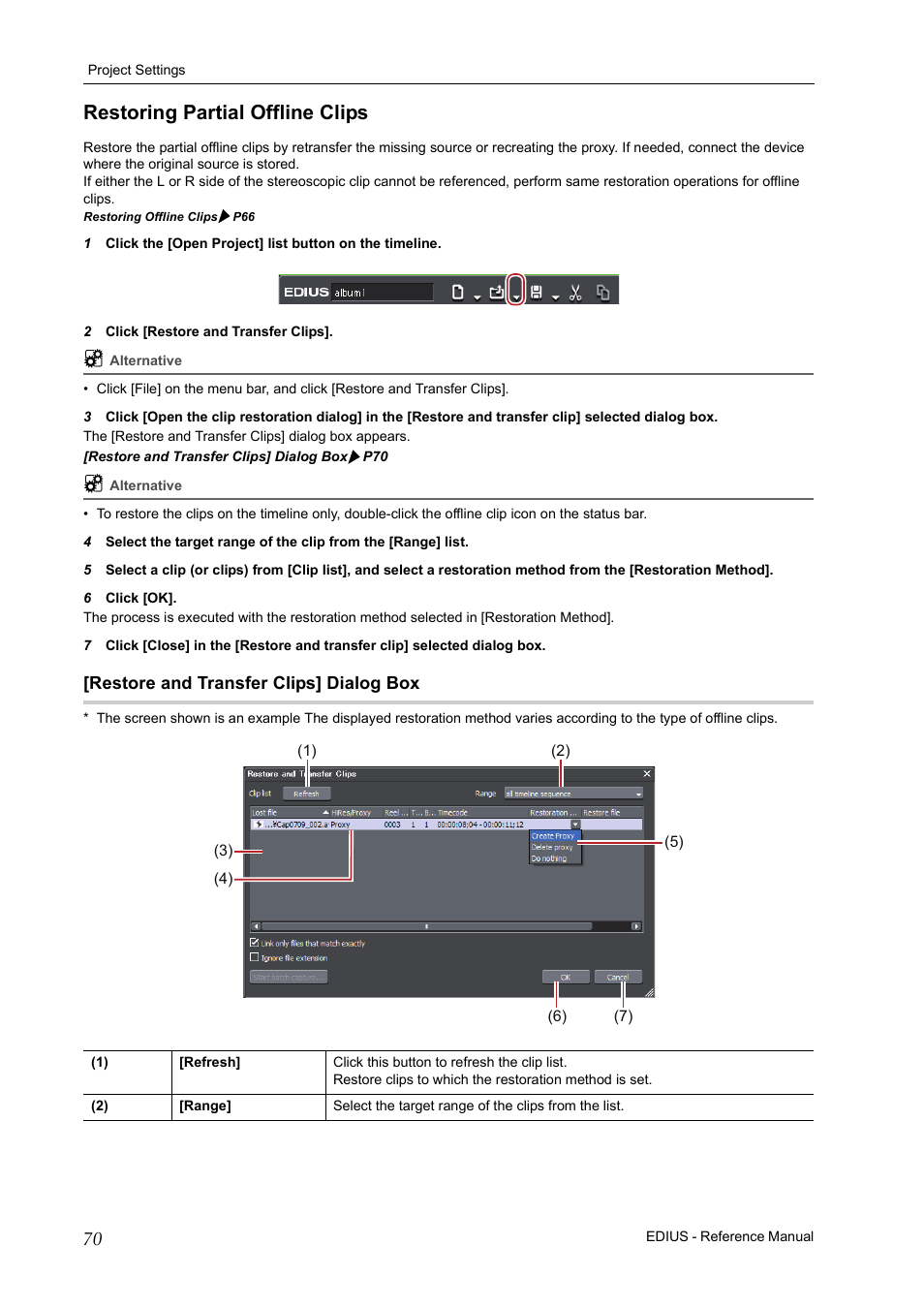 Restoring partial offline clips, Restore and transfer clips] dialog box | Grass Valley EDIUS Pro v.6.5 User Manual | Page 92 / 530