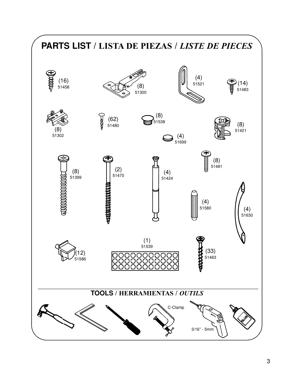 Parts list / lista de piezas / liste de pieces, Tools / herramientas / outils | Closet Maid 12323 User Manual | Page 3 / 11
