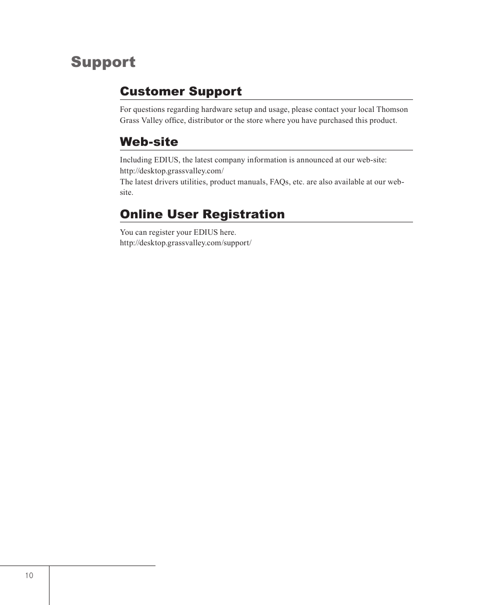 Support, Customer support, Web-site | Online user registration, Customer support web-site online user registration | Grass Valley EDIUS 5 User Manual | Page 12 / 63