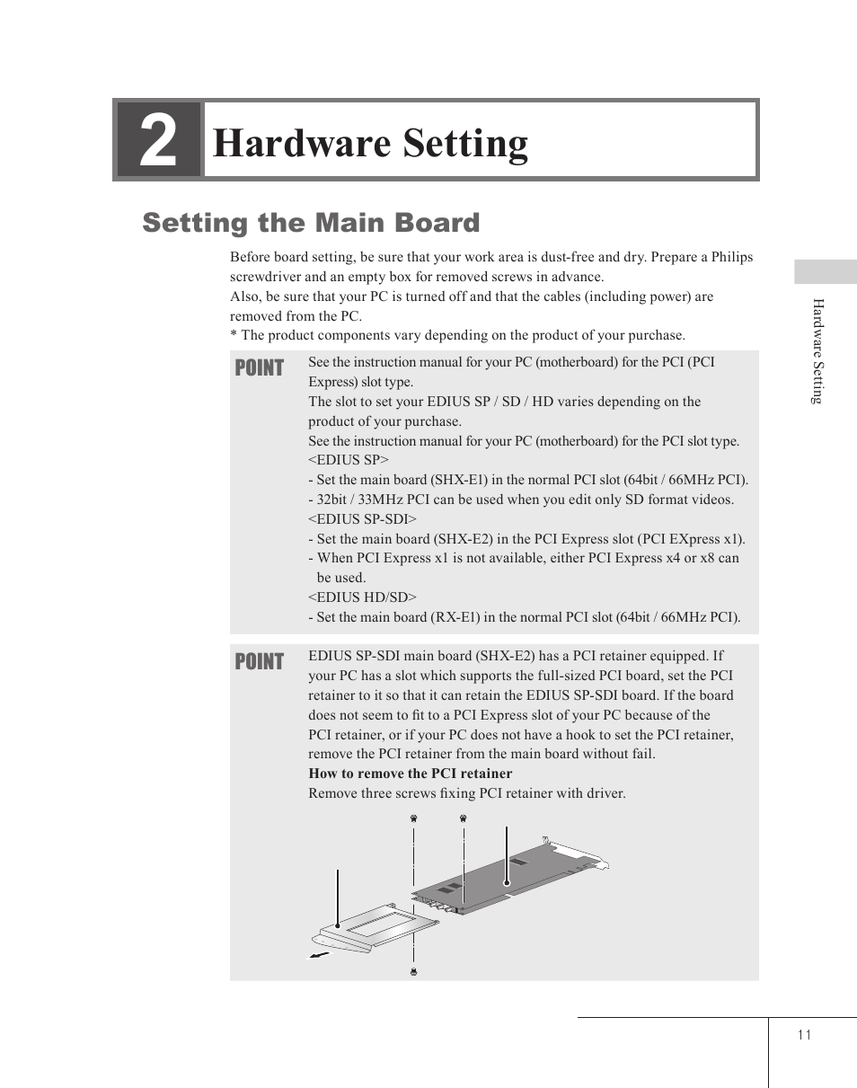 2 hardware setting, Setting the main board, Hardware setting | Grass Valley EDIUS 5 User Manual | Page 13 / 63