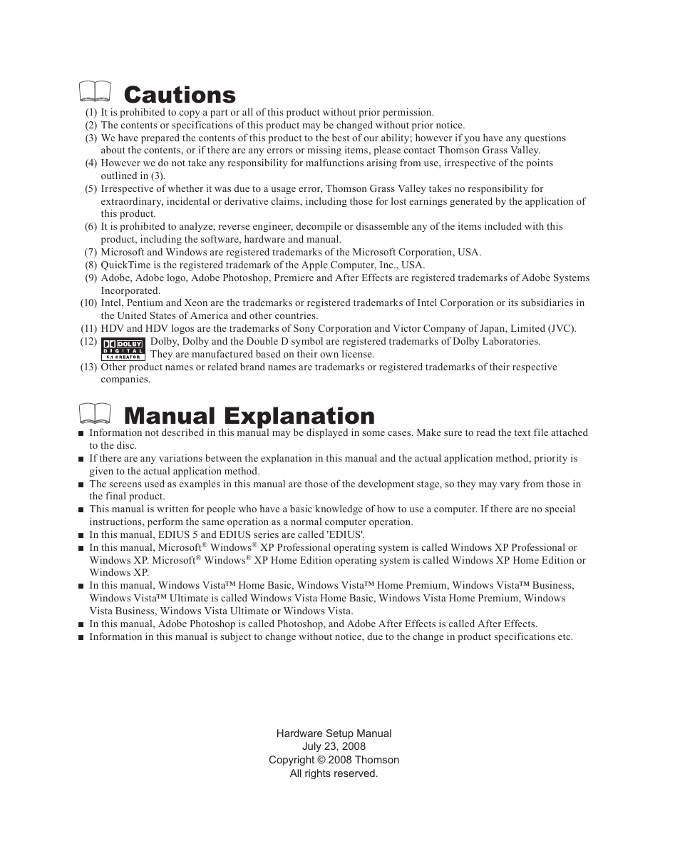 Cautions, Manual explanation | Grass Valley EDIUS 5 User Manual | Page 2 / 63
