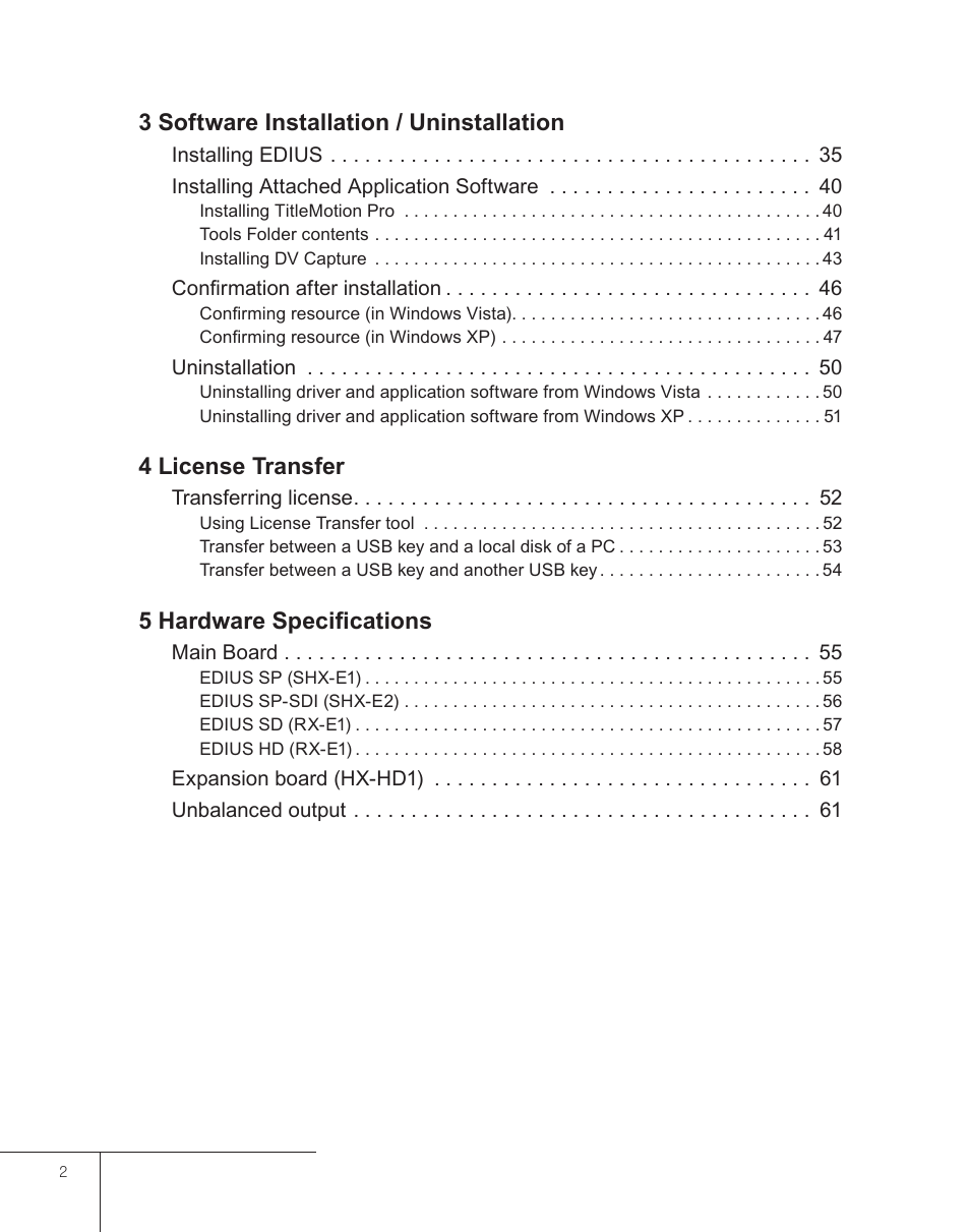 3 software installation / uninstallation, 4 license transfer, 5 hardware specifications | Grass Valley EDIUS 5 User Manual | Page 4 / 63