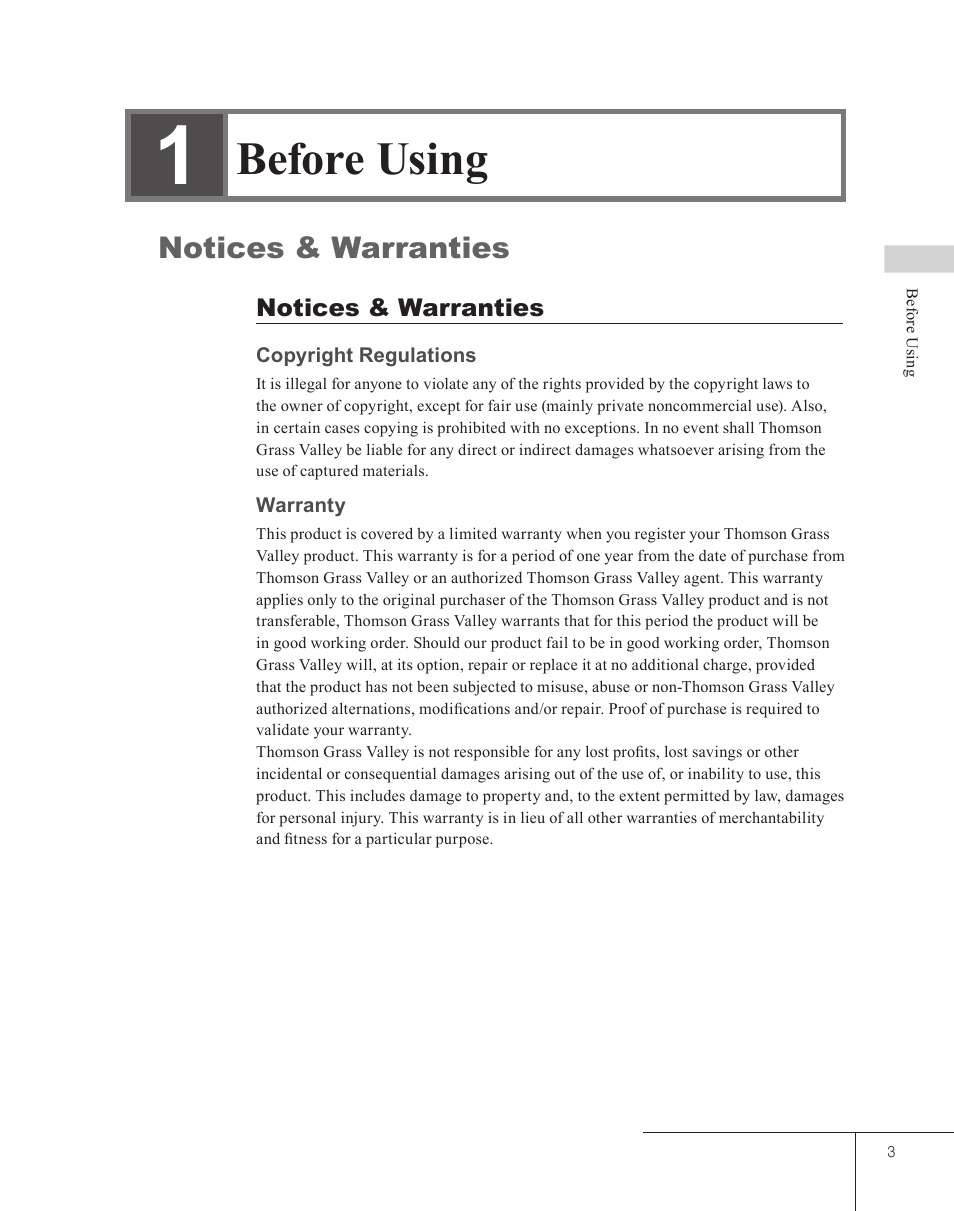 1 before using, Notices & warranties, Before using | Grass Valley EDIUS 5 User Manual | Page 5 / 63