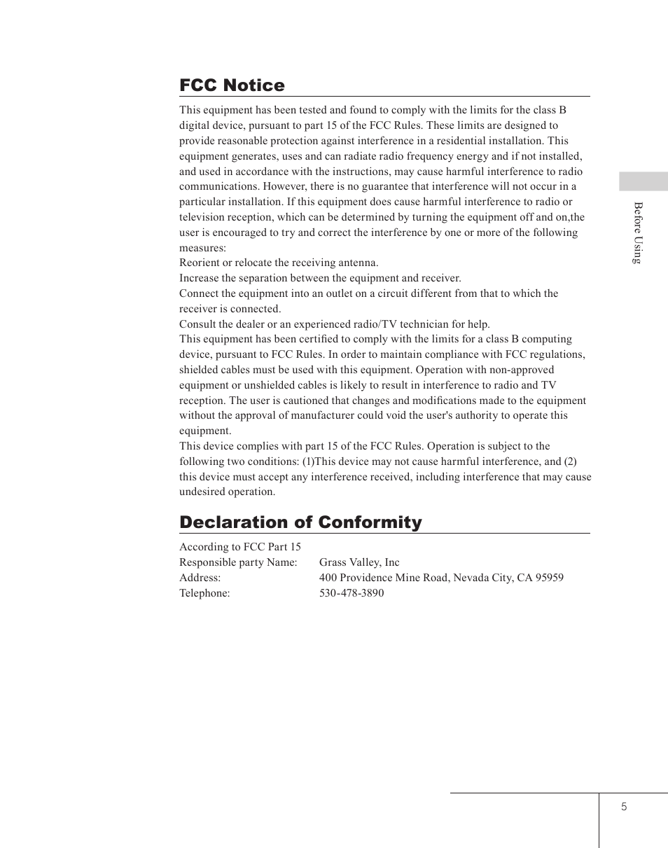 Fcc notice, Declaration of conformity, Fcc notice declaration of conformity | Grass Valley EDIUS 5 User Manual | Page 7 / 63
