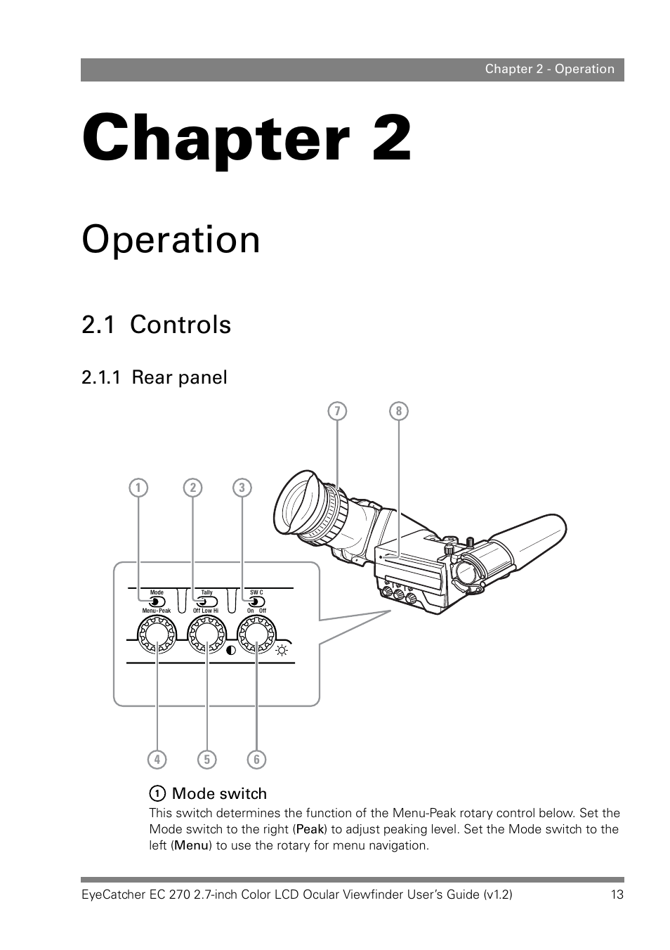 Operation, 1 controls, 1 rear panel | Chapter 2 | Grass Valley EC 270 User Manual | Page 13 / 36
