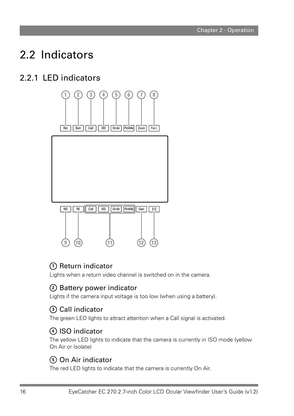 2 indicators, 1 led indicators, Return indicator | Battery power indicator, Call indicator, Iso indicator, On air indicator | Grass Valley EC 270 User Manual | Page 16 / 36
