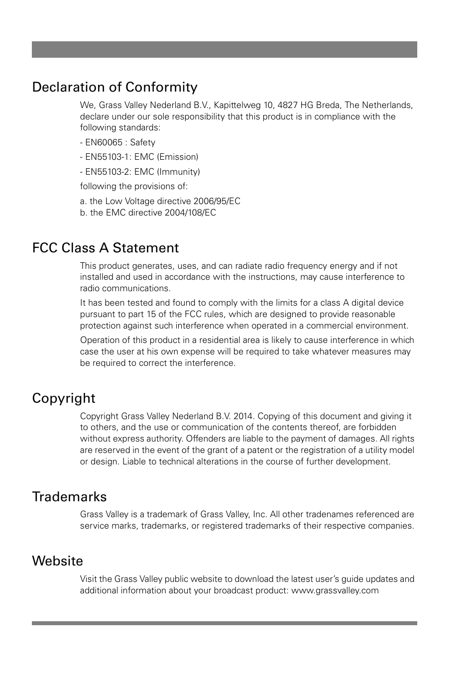Declaration of conformity, Fcc class a statement, Copyright | Trademarks, Website | Grass Valley EC 270 User Manual | Page 2 / 36