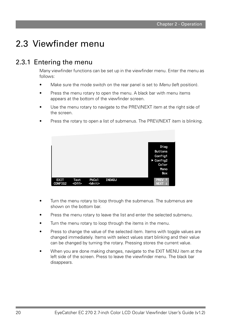 3 viewfinder menu, 1 entering the menu | Grass Valley EC 270 User Manual | Page 20 / 36