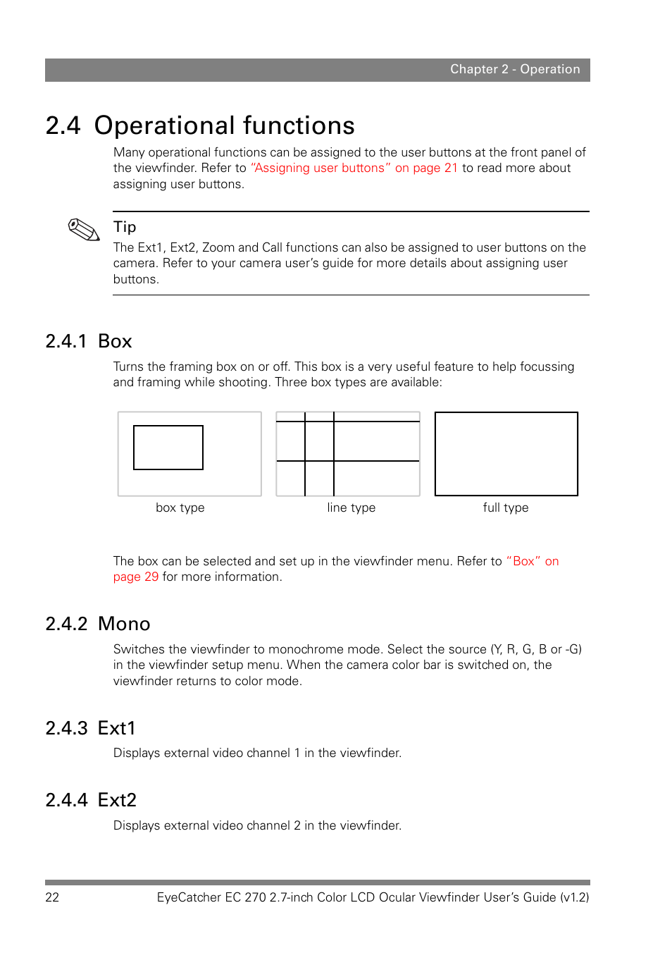 4 operational functions, 1 box, 2 mono | 3 ext1, 4 ext2 | Grass Valley EC 270 User Manual | Page 22 / 36