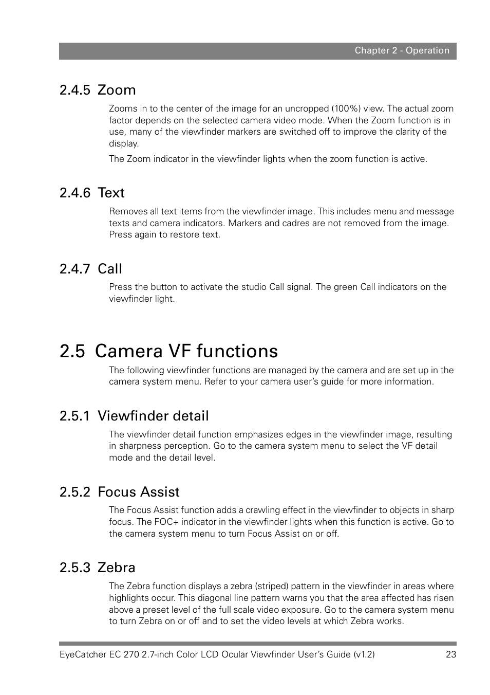 5 zoom, 6 text, 7 call | 5 camera vf functions, 1 viewfinder detail, 2 focus assist, 3 zebra | Grass Valley EC 270 User Manual | Page 23 / 36