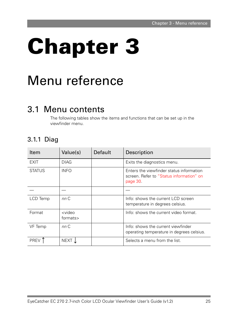 Menu reference, 1 menu contents, 1 diag | Chapter 3 | Grass Valley EC 270 User Manual | Page 25 / 36